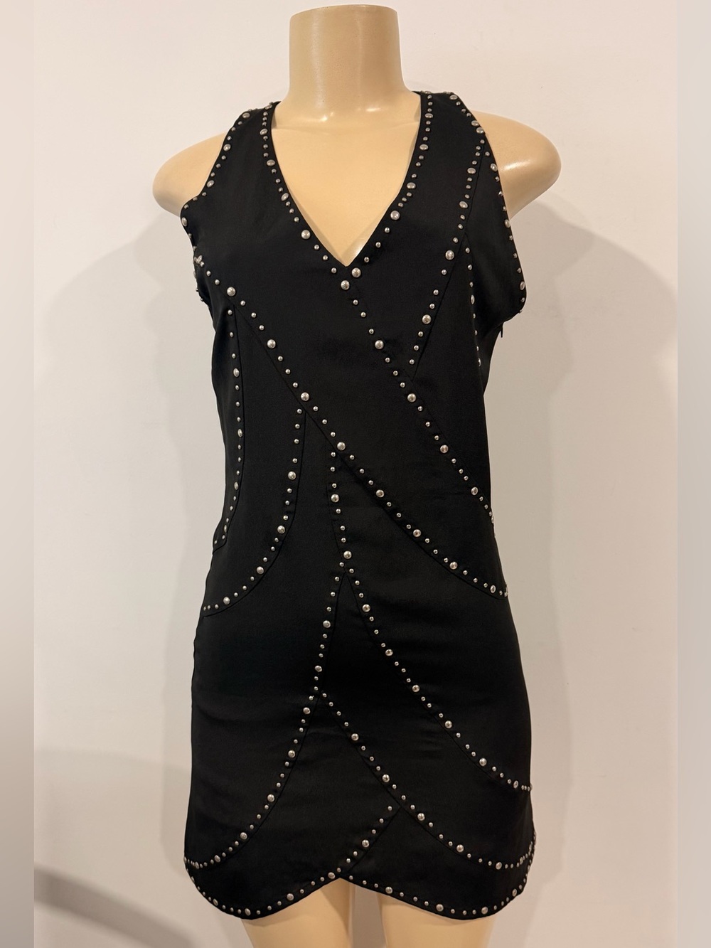 2b Bebe Black Studded V-Neck Mini Dress Side Zip Y2K